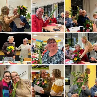 Eine Collage von mehreren Chormitgliedern, die Blumen zum Dank für ihr Engagement erhalten haben. Alle lächeln fröhlich.